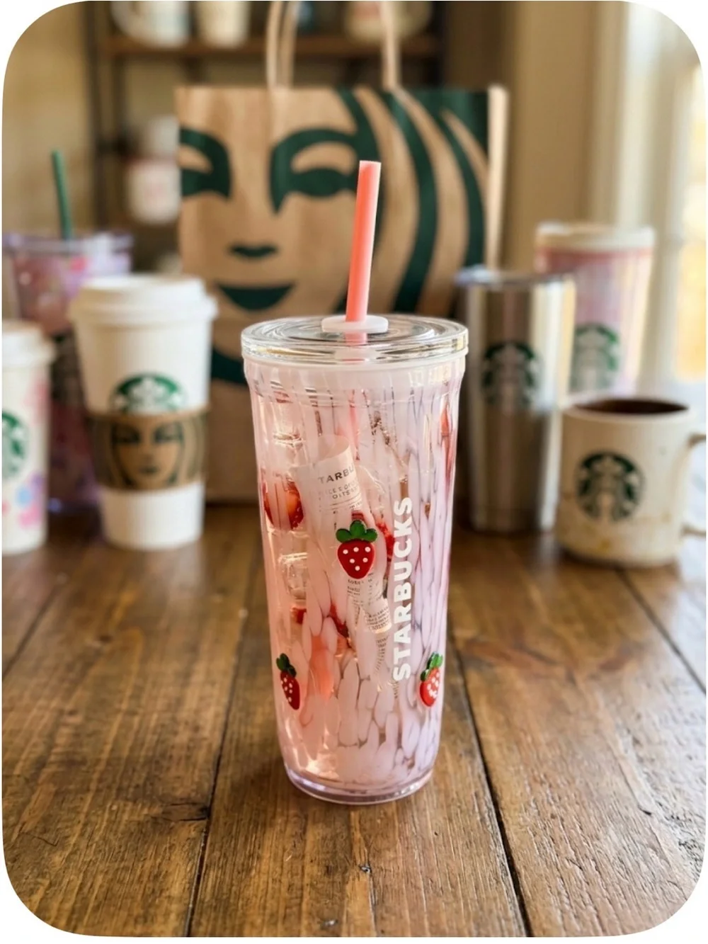 Starbucks Pink Strawberry July 7 drop Pattern Reusable Glads Cold Cup with Straw